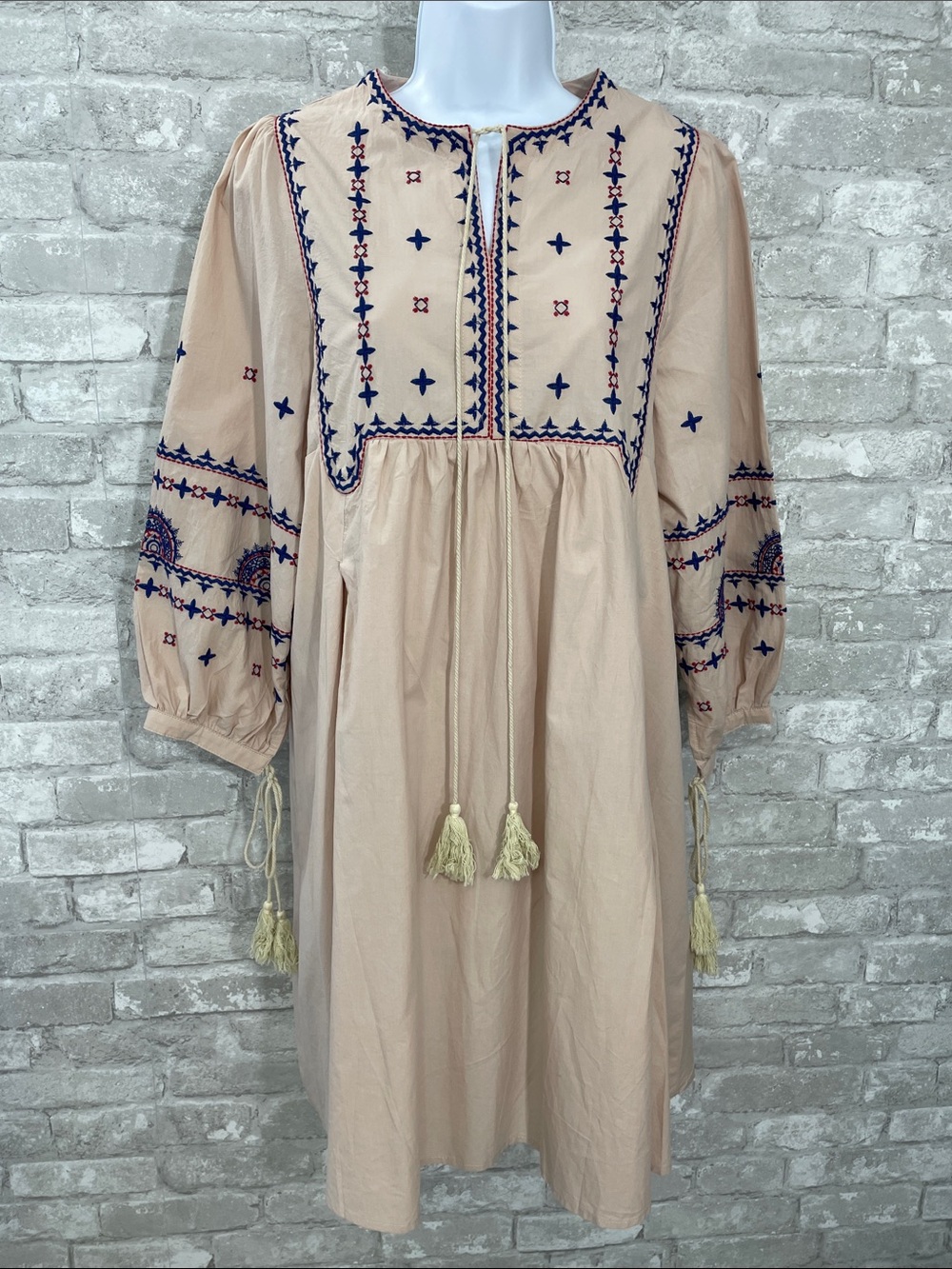 Jastie Lucky’yy Blush Midi Dress with Navy & Rust Embroidery